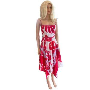 Farm Rio Mixed Red Monstera Asymmetrical Midi Dress Medium linen blend